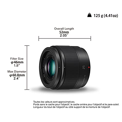 Panasonic LUMIX H-H025 - Objetivo Focal fija para cámaras de montura M4/3 (Focal 25 mm, F1.7, tamaño filtro 46 mm, lentes asféricas), negro