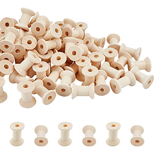 PandaHall 80 bobinas de madera para manualidades con hilo vacío, bobinas de hilo natural para manualidades, rollo de cordón, hilo de bordado y cinta de pompón, 2,9 x 2,2 cm