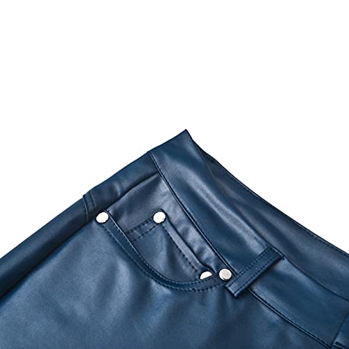 Pantalones de cuero ajustados para mujer sexy elástico bodycon cintura alta aspecto mojado Y2K estilo motorista color sólido polainas de cuero sintético, N Azul, S