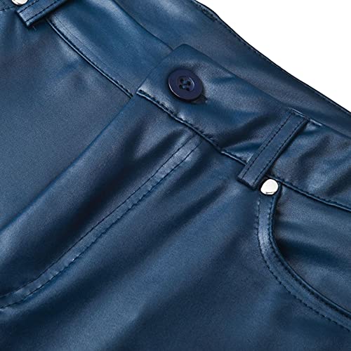 Pantalones de cuero ajustados para mujer sexy elástico bodycon cintura alta aspecto mojado Y2K estilo motorista color sólido polainas de cuero sintético, N Azul, S