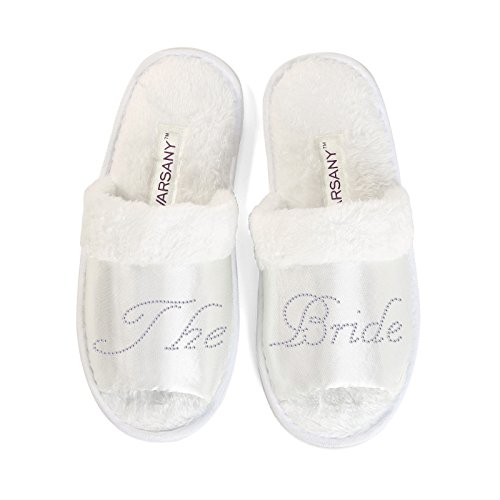 Pantuflas de punta abierta y bolsa para spa para regalo de boda Varsany, color blanco con la frase "the bride" (idioma español no garantizado)