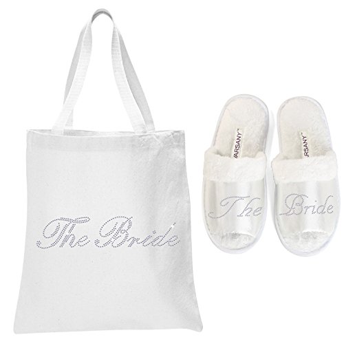 Pantuflas de punta abierta y bolsa para spa para regalo de boda Varsany, color blanco con la frase "the bride" (idioma español no garantizado)