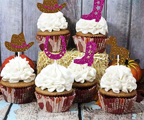 Paquete de 24 decoraciones de pastel de vaquera con bota, adornos de pastel de caballo para decoraciones de fiesta de vaquera occidental o suministros para baby shower, 1er 2do 3er cumpleaños