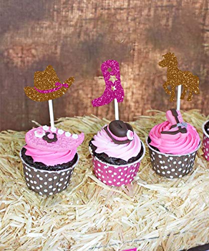 Paquete de 24 decoraciones de pastel de vaquera con bota, adornos de pastel de caballo para decoraciones de fiesta de vaquera occidental o suministros para baby shower, 1er 2do 3er cumpleaños