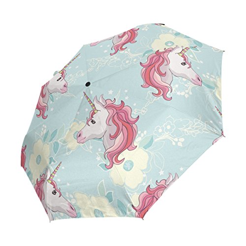 Paraguas Ahomy Art con 3 Pliegues de Unicornio, diseño de Melena arcoíris de Viaje, Resistente al Viento, Anti-UV, Sol, Lluvia, para Abrir y Cerrar automáticamente