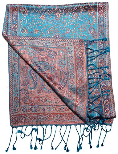 Pashmina bufanda de 100% seda de la India para hombres y mujeres, patrón cachemir/paisley, 160 x 35 cm - pañuelo de seda pura, azul