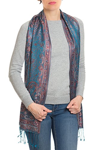 Pashmina bufanda de 100% seda de la India para hombres y mujeres, patrón cachemir/paisley, 160 x 35 cm - pañuelo de seda pura, azul