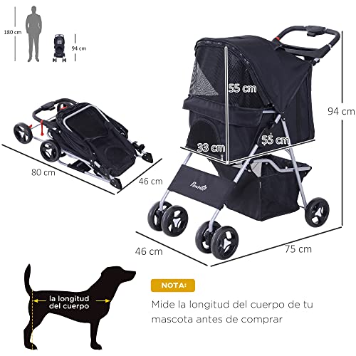 Pawhut Cochecito Plegable Mascotas 75×46×94 cm Perro Gato Carrito Ruedas Giran 360º con Freno Negro