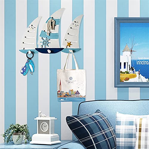 Perchero Creative Mediterráneo estilo de pared llavero ganchos océano azul ganchos de madera forma de velero gancho colgador casa barra decoración pared pared Perchero casero ( Color : N02 )