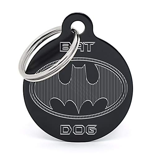 PERDIDUS Placa Identificativa para Perro 'Bat Dog', Grabado del Nombre y Teléfonos (Negro)