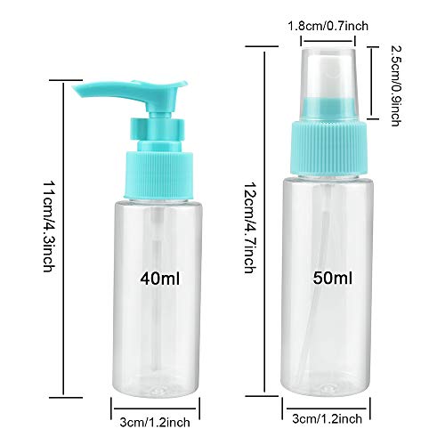 PERFETSELL 2 Pcs Transparente Botella de Spray Plástico 50ml + 2 Pcs Botella de Loción 40 ml Botes Rellenables Viaje Botella Spray Pulverizador Botellas de Plastico para Viaje Maquillaje(Azul y Rosa)