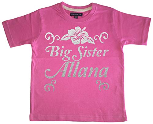 Personalizable BIG SISTER con nombre y diseño de para pared con diseño FLORAL ' chicle rosa redondas T-camisa con broche de plata de diseño de purpurina