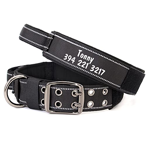 PET ARTIST Collar para perro militar ajustable con nombre y número de teléfono personalizados para mascotas,Collar con hebilla de metal resistente para perros medianos grandes,Negro,L