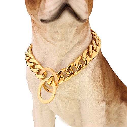 Pet Online Collar de perro de acero inoxidable pulido espejo p metallizing vacío cadena acero titanio nk collar de cadena mascotas perros entrenados correa remolcando un anillo 15mm Gold, 16"