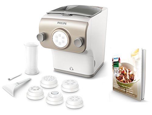 Philips HR2381/05 - Máquina para hacer pasta (200 W, totalmente automática, con función de pesaje y 6 discos de mold), color blanco y champán