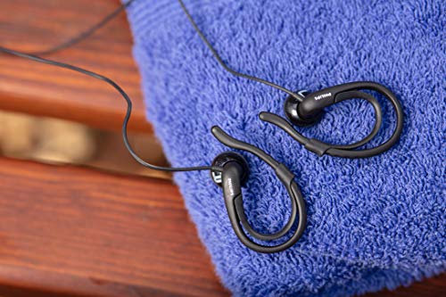 Philips SHQ1255TBK Auriculares para deporte con cable micrófono, gancho, 3 juegos de almohadillas, Negro