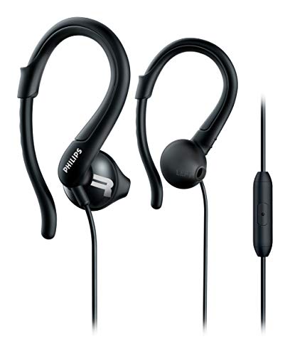 Philips SHQ1255TBK Auriculares para deporte con cable micrófono, gancho, 3 juegos de almohadillas, Negro