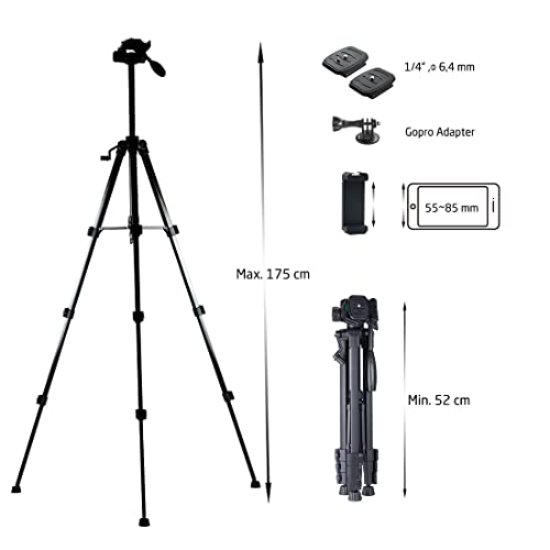 Phinistec 175cm Trípode para Cámara Reflex, Móvil, iPhone, Proyector, Gopro con Soporte de Smartphone y Adaptador Gopro y Control Remoto con Bolsa (Negro Mate)