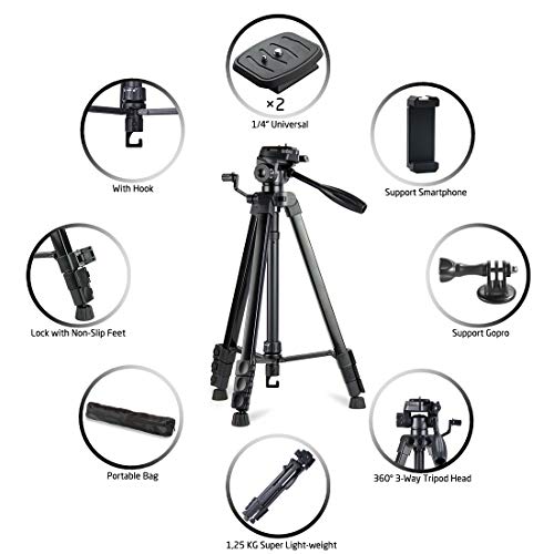 Phinistec 175cm Trípode para Cámara Reflex, Móvil, iPhone, Proyector, Gopro con Soporte de Smartphone y Adaptador Gopro y Control Remoto con Bolsa (Negro Mate)