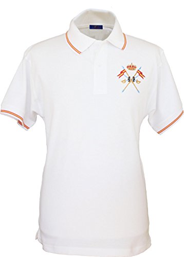 Pi2010 – Polo Caballería Española para Hombre, Color Blanco, Bandera España en Cuello y Mangas, 100% algodón, Talla XL