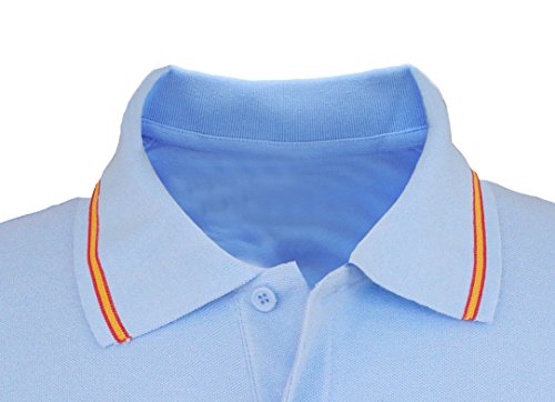 Pi2010 – Polo Caballería Española para Hombre, Color Celeste, Bandera España en Cuello y Mangas, 100% algodón Talla XL