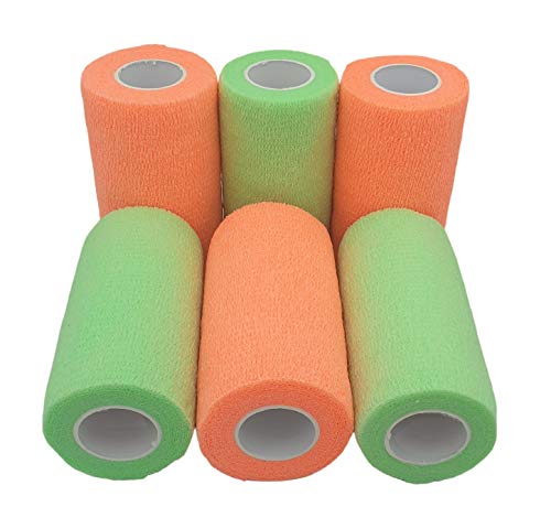 PintoMed - Venda Cohesiva - 3 Naranja + 3 Verde Neon - 6 rollos x 10 cm x 4,5 m autoadhesivo flexible vendaje, primeros auxilios, lesiones