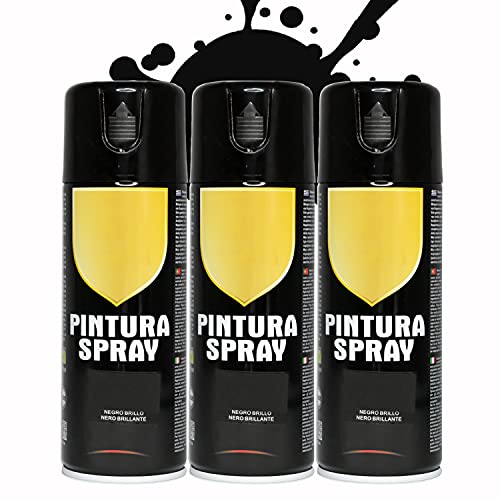 Pintura Spray 400ml para Metal/Madera/Plástico (Negro Brillo, 400 ml (Paquete de 3)