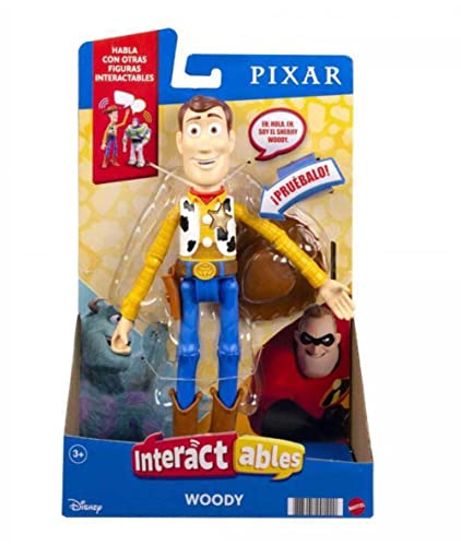 Pixar Interactables Woody parlanchín, habla con otros muñecos, figura de juguete con sonidos (Mattel HBK99)