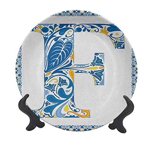 Placa decorativa de cerámica con letra F, 25,4 cm, cuadrados, círculos y otras formas abstractas en arte inspiradas en portugués, plato decorativo de cerámica para mesa de Navidad