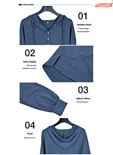 PLOKNRD Camiseta Henley de Manga Larga de otoño para Mujer, Ligera con cordón, (Azul Marino, 2XL)
