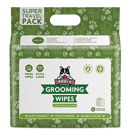 Pogi's Grooming Wipes Paquete de Viaje - 240 toallitas desodorantes para Perros - Aroma de té Verde, Naturales, Extra Grandes, Biodegradable