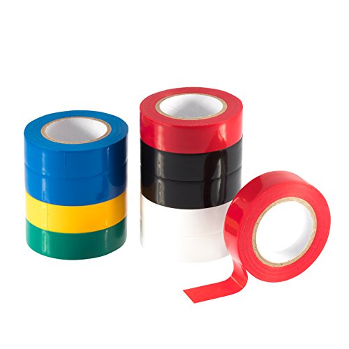 Poppstar - 10x 10m Cinta aislante universal (cinta de sellado de PVC - cinta adhesiva), para aislamiento - reparación de conductores eléctricos (18mm ancho), multicolor