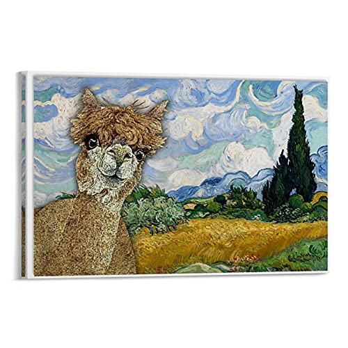 Póster de Alpaca con diseño de campos de trigo y alpaca, lienzo decorativo para pared, sala de estar, dormitorio, 20 x 30 cm