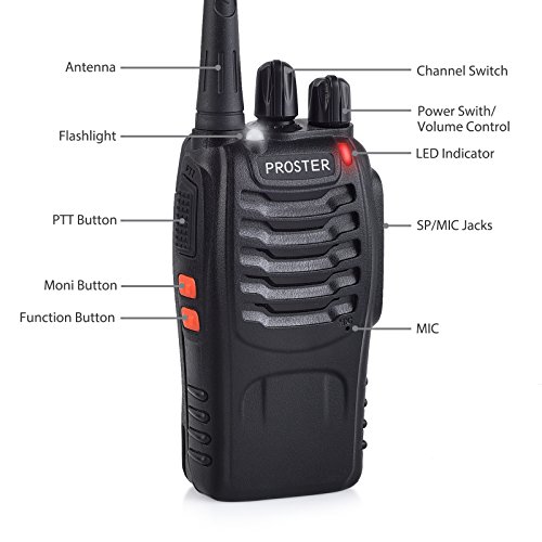 Proster Walkie Talkie Recargables 16 Canales Walkies Profecionales CTCSS DCS Walky Walky Radiocomunicación con Enchufe 5V/1A Auriculres Antena Clip para Construccion Restaurante Supermercado