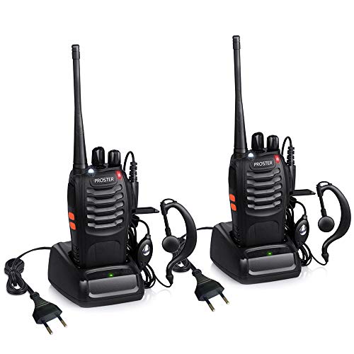 Proster Walkie Talkie Recargables 16 Canales Walkies Profecionales CTCSS DCS Walky Walky Radiocomunicación con Enchufe 5V/1A Auriculres Antena Clip para Construccion Restaurante Supermercado