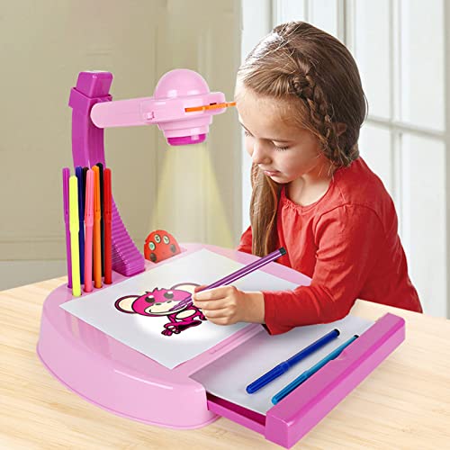 Proyector de pintura para niños, niños dibujo proyector mesa, traza y dibuja proyector juguete con luz, aprendizaje de proyección máquina de pintura para niño niña (rosa)