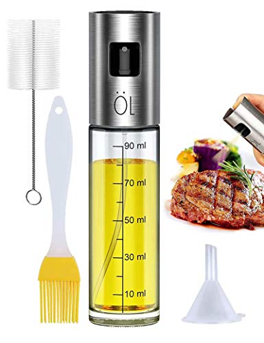 Pulverizador Spray Oliva Aceite, Premium 304 Acero Inoxidable Botellas de vidrio de grado alimenticio 100 ML con Pinceles y Embudo para Cocina, Barbacoa, Hornear, Ensalada