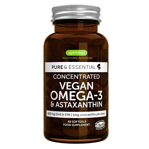Pure & Essential Omega-3 Vegano, 1340 mg de Aceite de Algas (DHA + EPA 600 mg) y Astaxantina, 60 cápsulas blandas