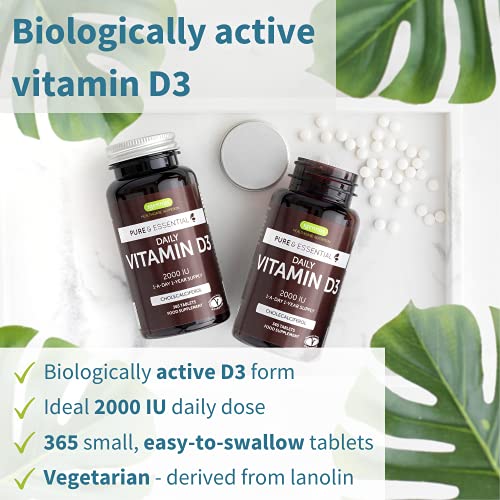 Pure & Essential Vitamina D3 Diaria, colecalciferol 2000 UI, suministro diario para un año, 365 comprimidos