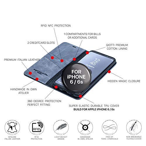 QIOTTI Funda Compatible para iPhone 6s y iPhone 6 Cuero auténtico Italiano con RFID protección Soporte Plegable Ranuras para Tarjetas Cierre magnético (Smart Blue)