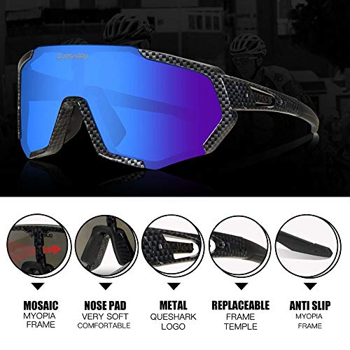Queshark Gafas de Ciclismo Polarizadas Gafas de Sol Deportivas con Montura TR90 Gafas de Bicicleta para Hombres Mujeres con 3 Lentes Intercambiables Anti-UV400