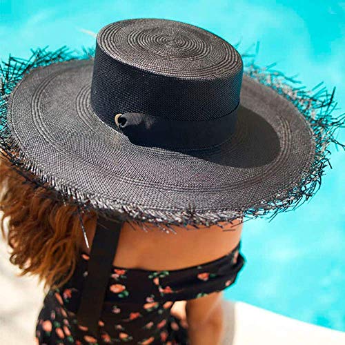 RACEU ATELIER Sombrero Panamá Negro Deshilachado de Ala Ancha Cinta Intercambiable - Sombrero de Paja Estilo Fedora - Sombreros Panamá Original - Tejido a Mano