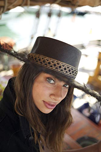 RACEU ATELIER Sombrero Panamá Negro Deshilachado de Ala Ancha Cinta Intercambiable - Sombrero de Paja Estilo Fedora - Sombreros Panamá Original - Tejido a Mano