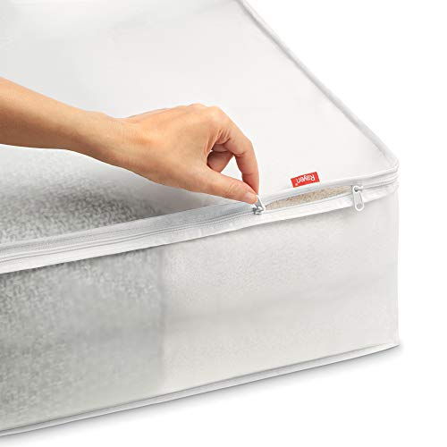 Rayen - Caja de almacenaje de ropa y mantas de cama. Bolsa de PVA para ropa con cremallera, rejilla transpirable, plegable y resistente. 55 x 65 x 20 cm. Translúcido
