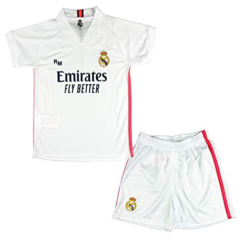 Real Madrid CF Conjunto Camiseta y Pantalón Infantil Primera Equipación Temporada 2020-21 - Producto Oficial Licenciado -Color Blanco (13-14 años, Blanco)