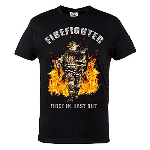 Regla Fuera Camiseta firefighter. First In Last Out firebrigade. Gimnasio Entrenamiento sportswear. running. Fire Rescue firefighter. Informal - Negro, Medium