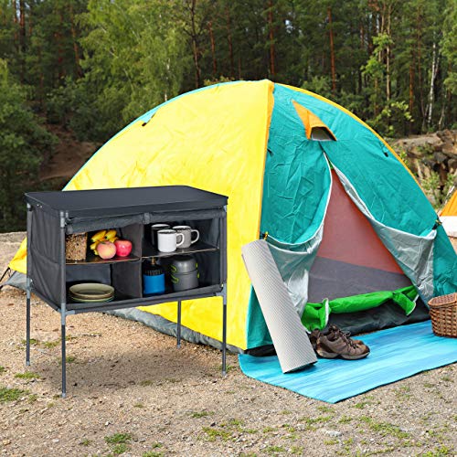 Relaxdays Campingschrank Armario 4 estantes, 82 x 82 x 47,5 cm, estantería de Camping con Mesa, Espacio de Almacenamiento en el toldo, Color Gris