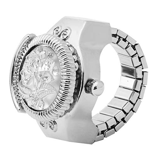 Reloj de anillo de dedo con esfera redonda, reloj de anillo de dedo con cubierta abatible, relojes de anillo de dedo de cuarzo redondo, con correa elástica, para el día de San Valentín(Blanco)