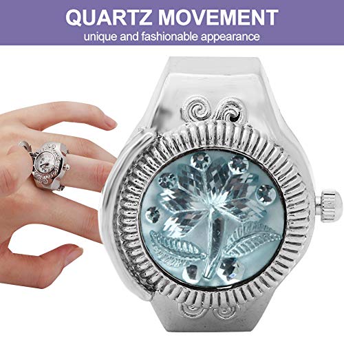 Reloj de anillo Reloj de anillo de dedo Cubierta abatible Flor de rosa redonda Reloj de cuarzo con dedo para mujer(Azul claro)