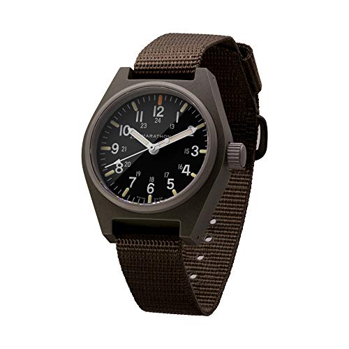 Reloj Marathon WW194009-SG-NGM de cuarzo para uso general, hecho en Suiza, militar (GPQ) con MaraGlo y cristal de zafiro, (34 mm, verde salvia, sin marcas de gobierno)